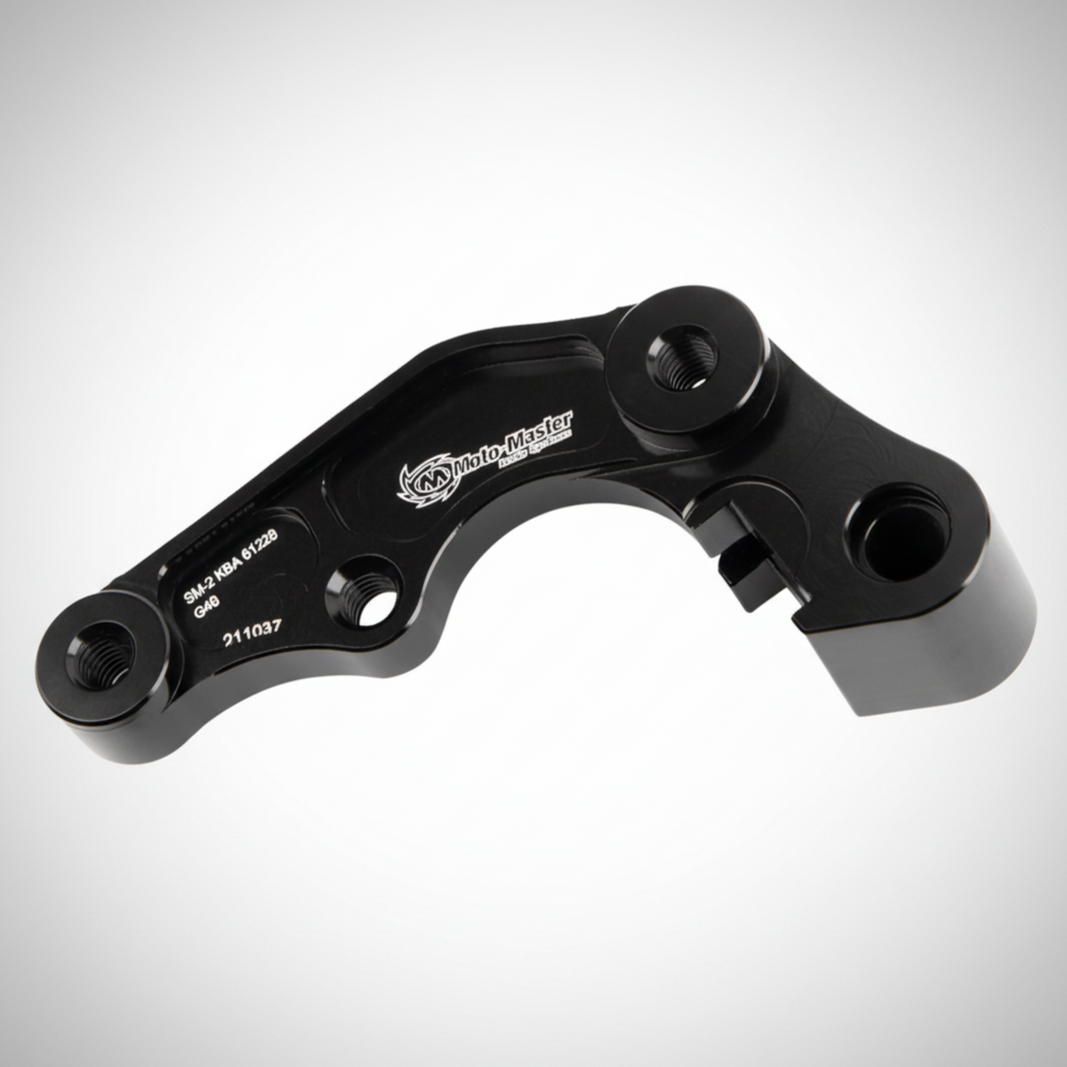 Black anodized aluminum caliper adapter from Moto-Master for Yamaha dirtbikes running an oversized rotor.