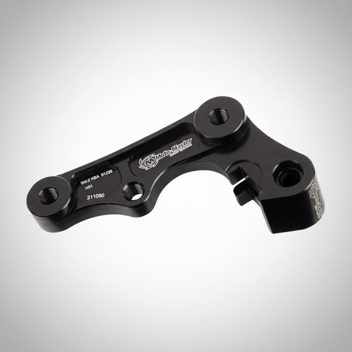 Black anodized aluminum caliper adapter from Moto-aster for Yamaha dirtbikes running an oversized rotor.