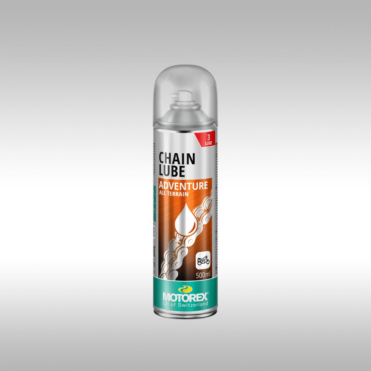 Motorex Adventure chain lube on a gray background.