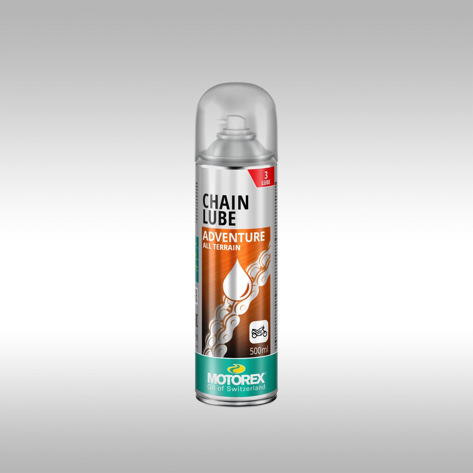 Motorex Adventure chain lube on a gray background.