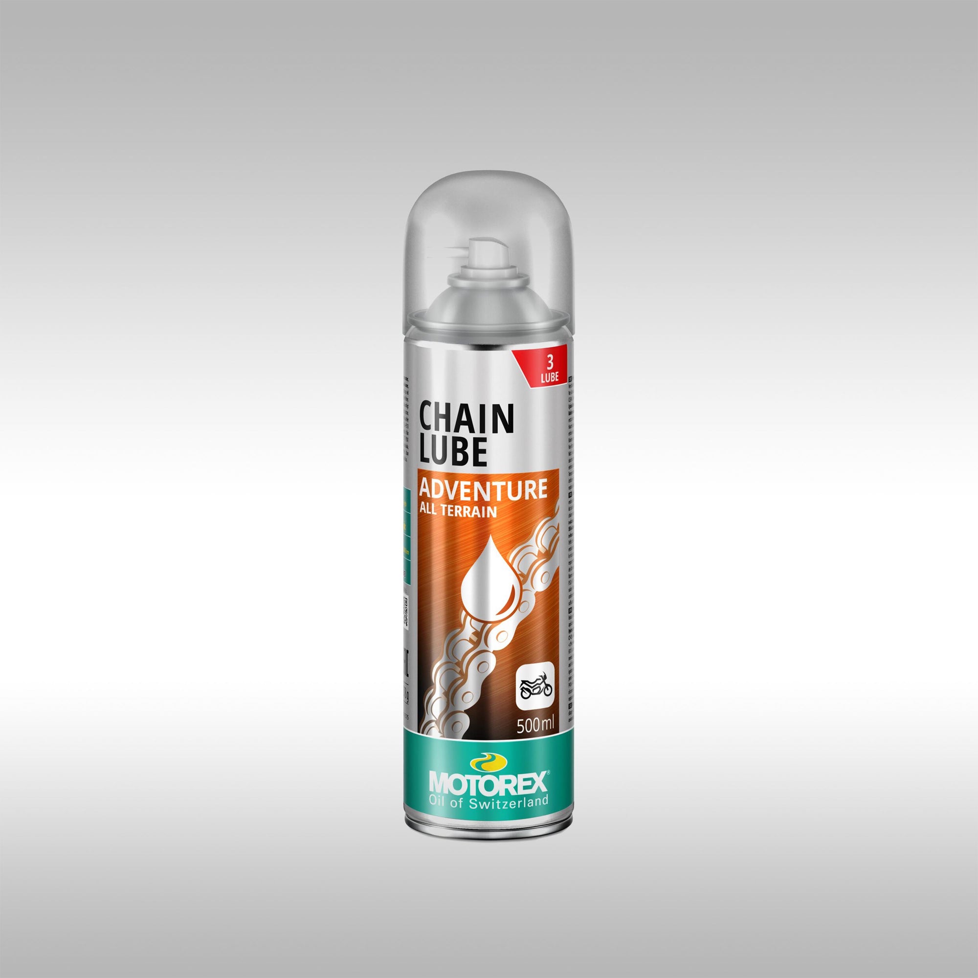 Motorex Adventure chain lube on a gray background.
