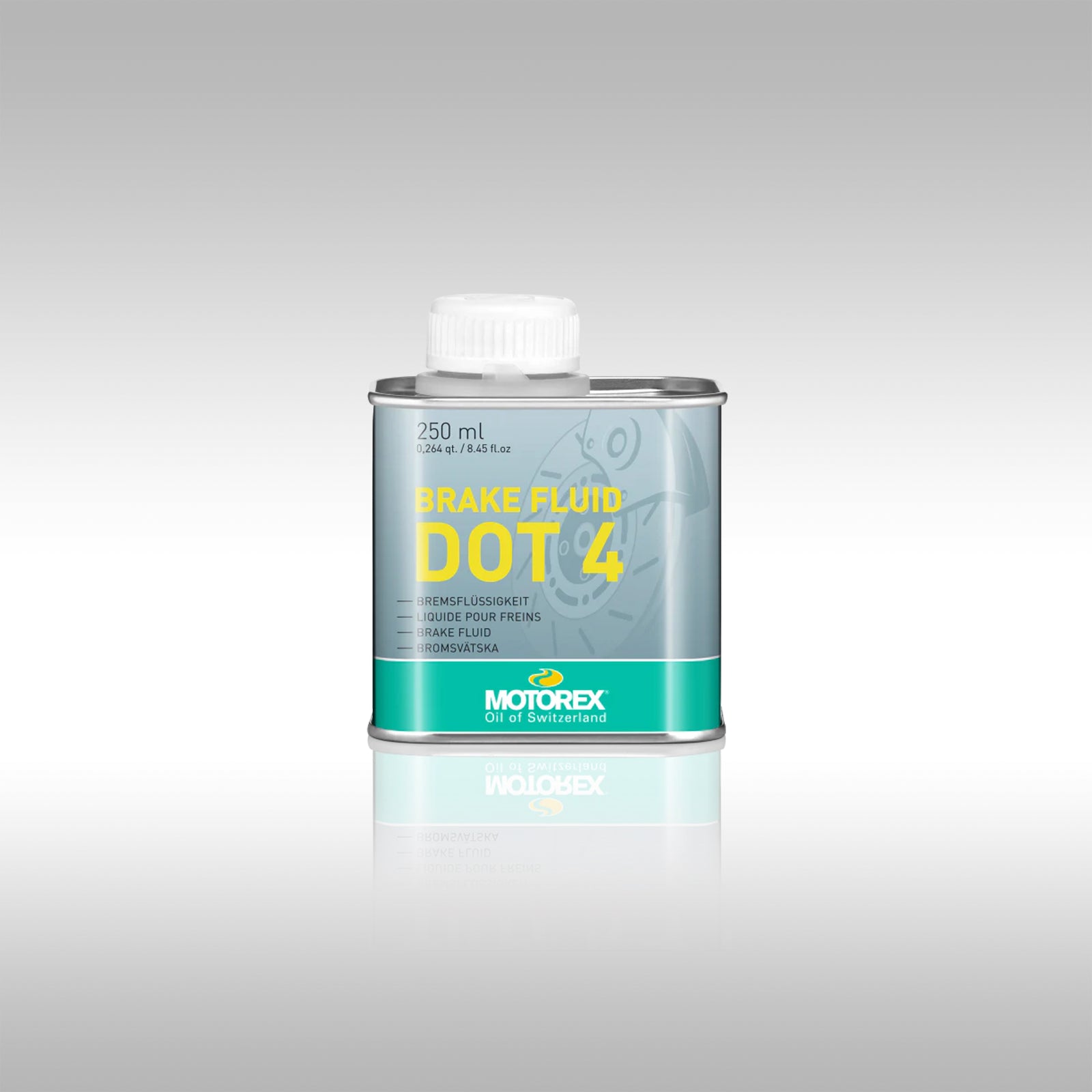 250ml can of Motorex DOT 4 brake fluid on gray background.