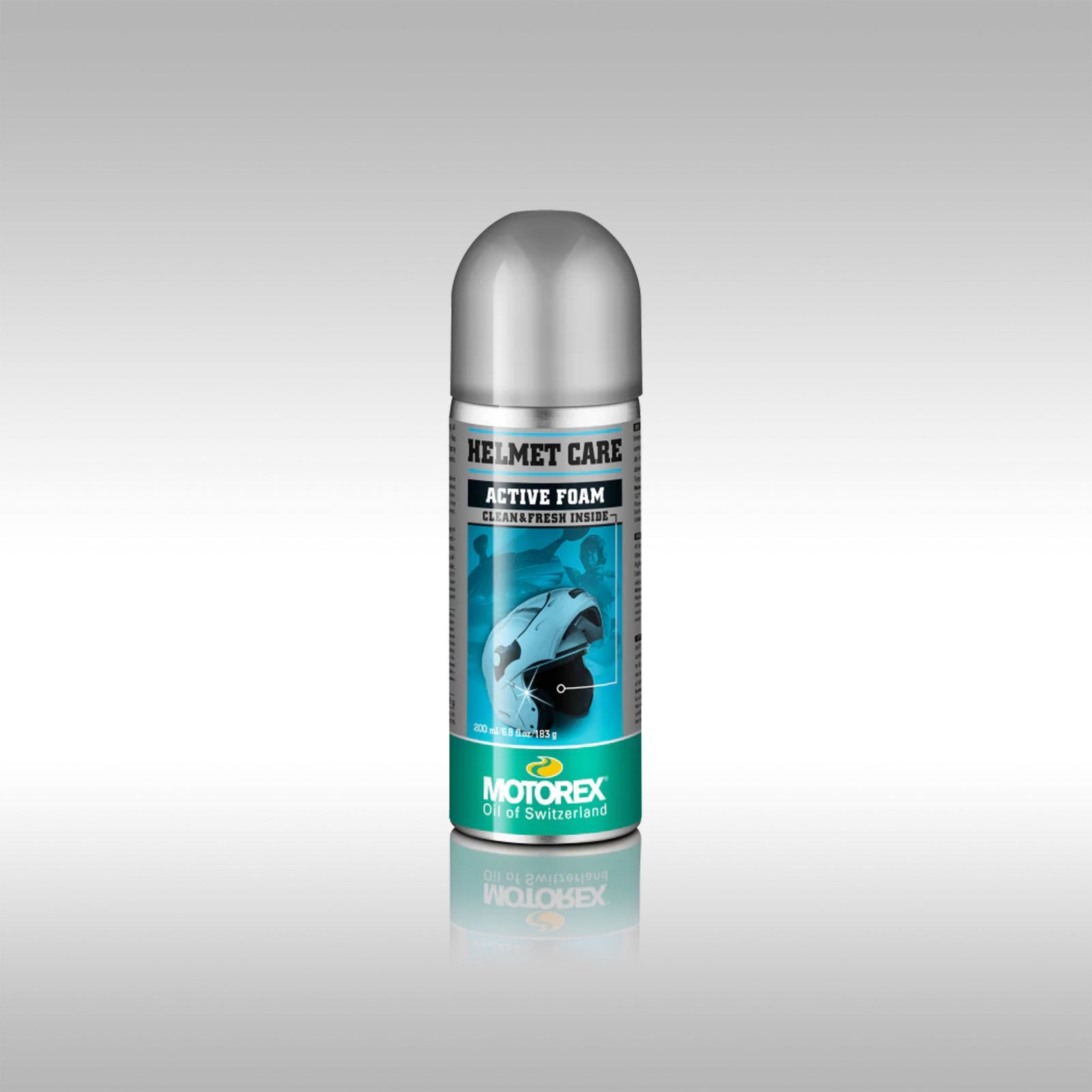 Motorex Helmet Care active foam can on a gray background