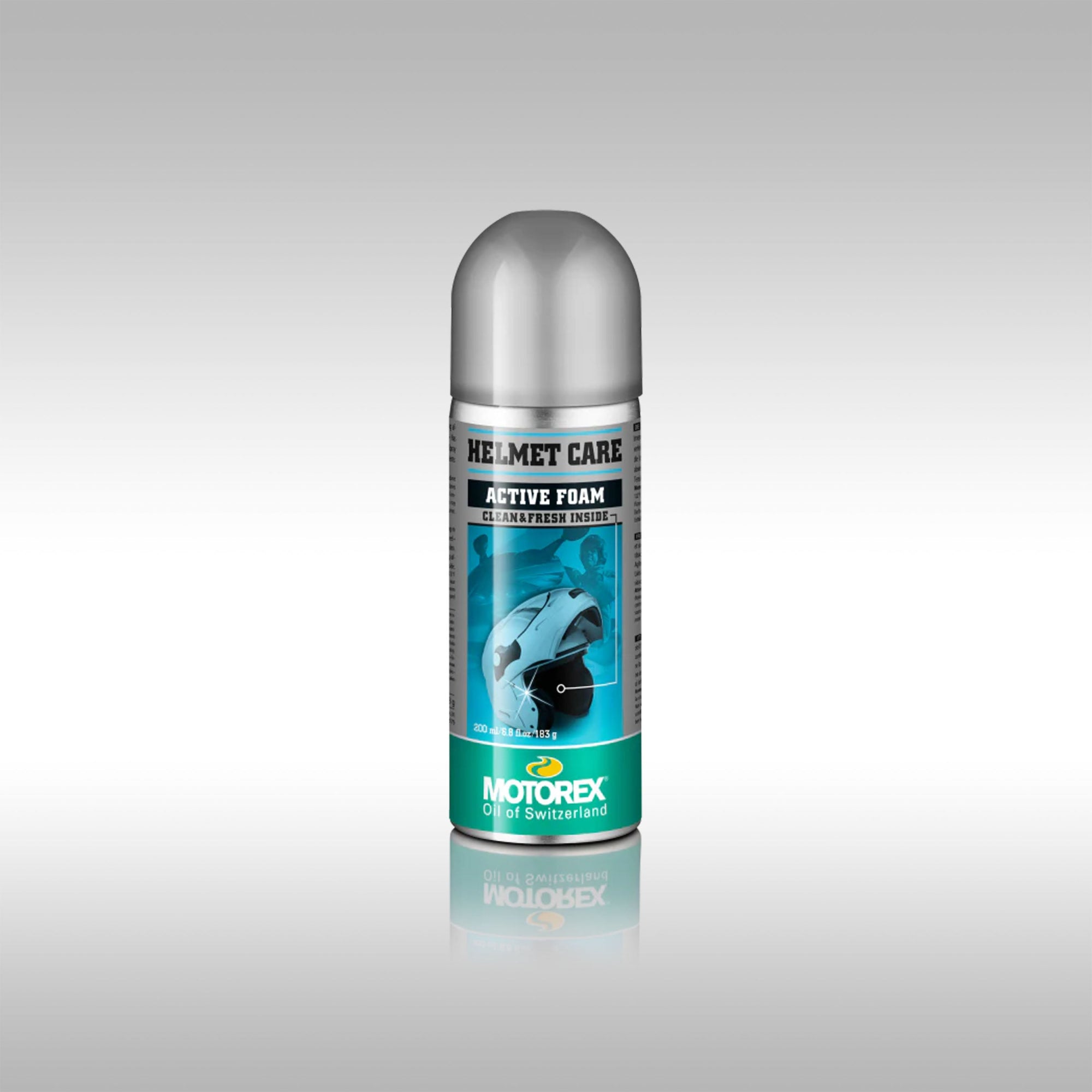 Motorex Helmet Care active foam can on a gray background