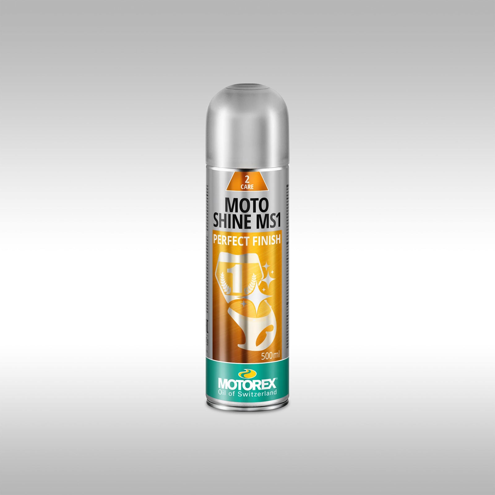 A can of Motorex MS1 Moto Shine spray with a predominantly silver body and orange label featuring the brand logo and product name.