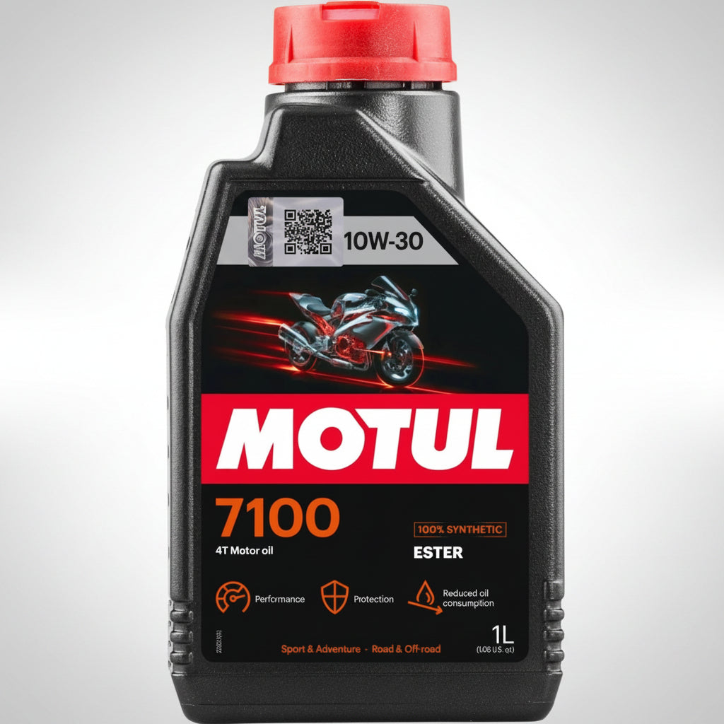 Bottle of Motul 7100 4T 100% synthetic motorcycle engine oil.