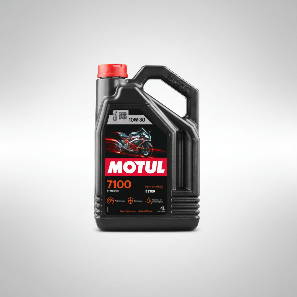 Bottle of Motul 7100 4T 100% synthetic motorcycle engine oil.