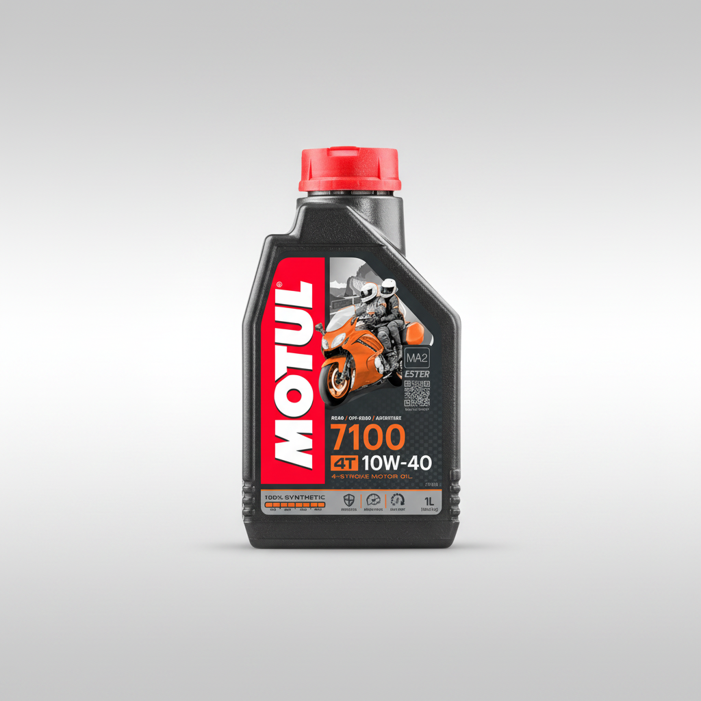 Bottle of Motul 7100 4T 100% synthetic motorcycle engine oil.