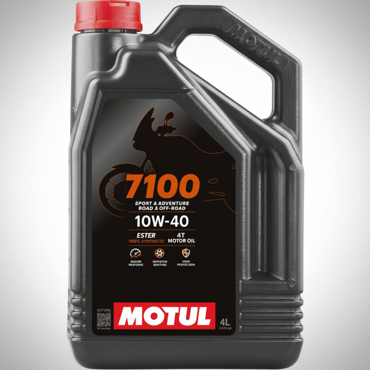Bottle of Motul 7100 4T 100% synthetic motorcycle engine oil.