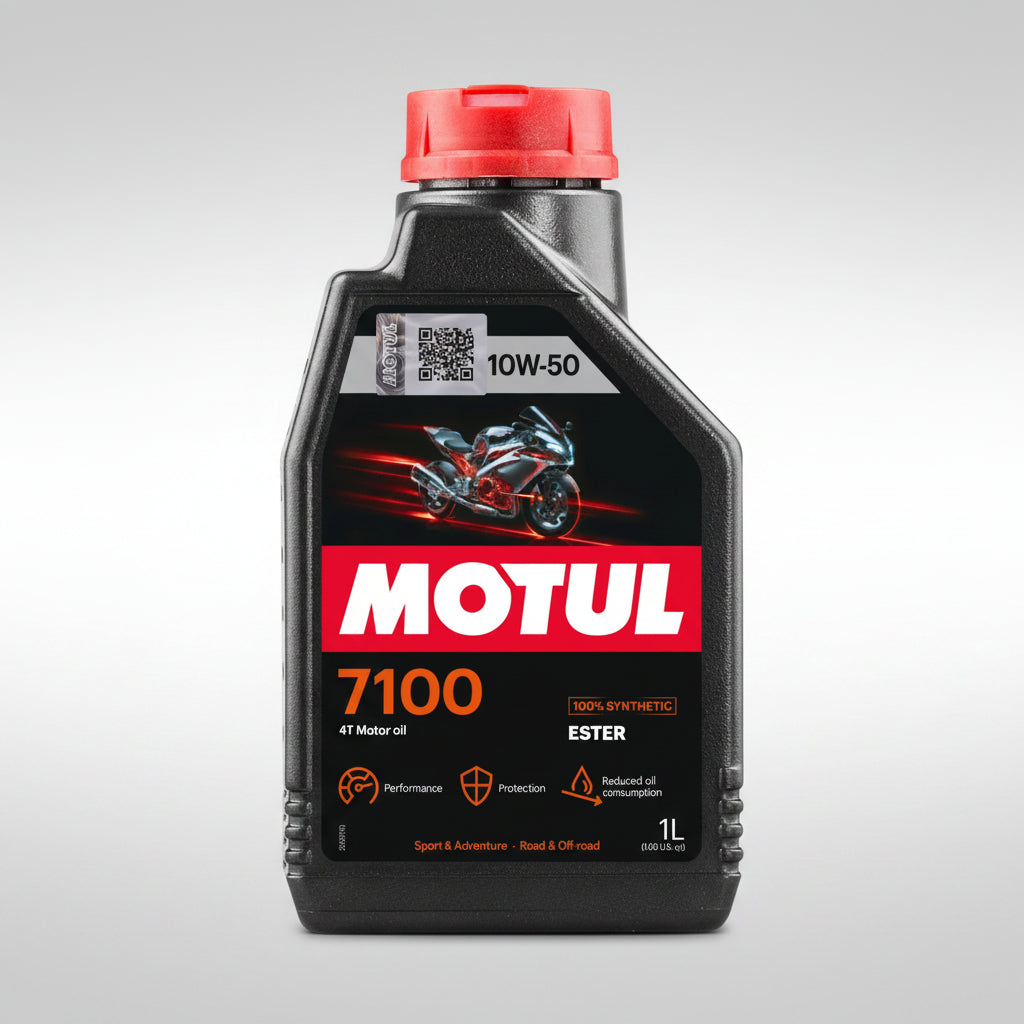 Bottle of Motul 7100 4T 100% synthetic motorcycle engine oil.