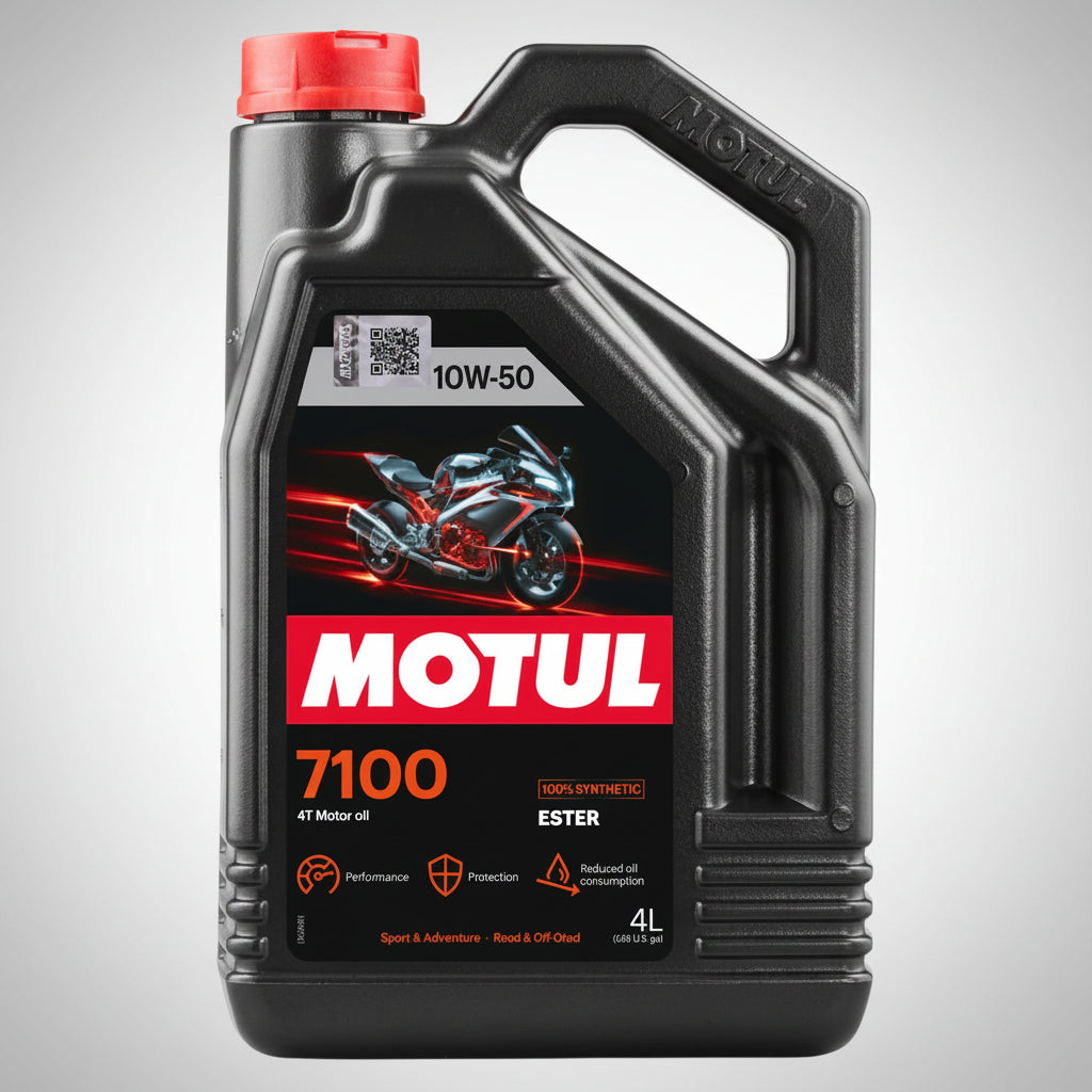 Bottle of Motul 7100 4T 100% synthetic motorcycle engine oil.