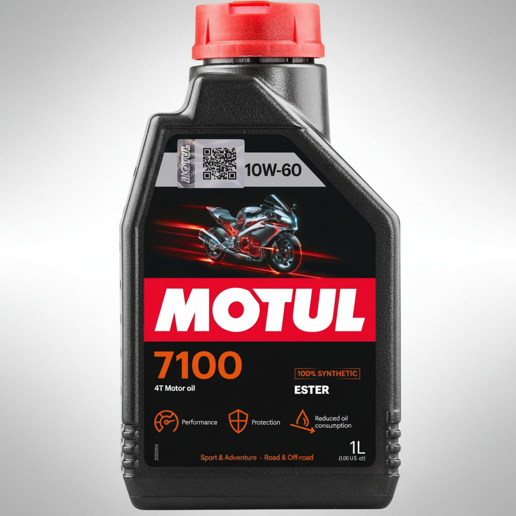 Bottle of Motul 7100 4T 100% synthetic motorcycle engine oil.