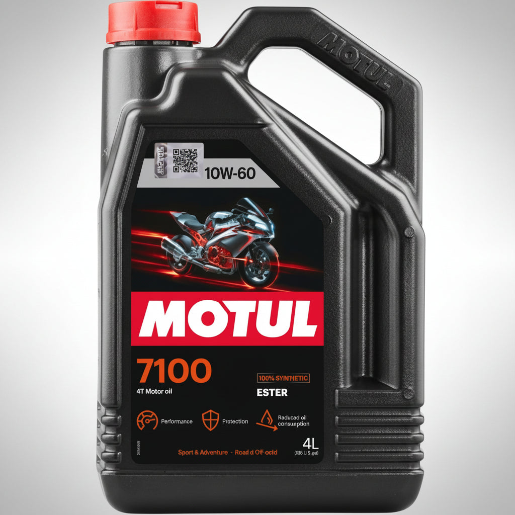 Bottle of Motul 7100 4T 100% synthetic motorcycle engine oil.