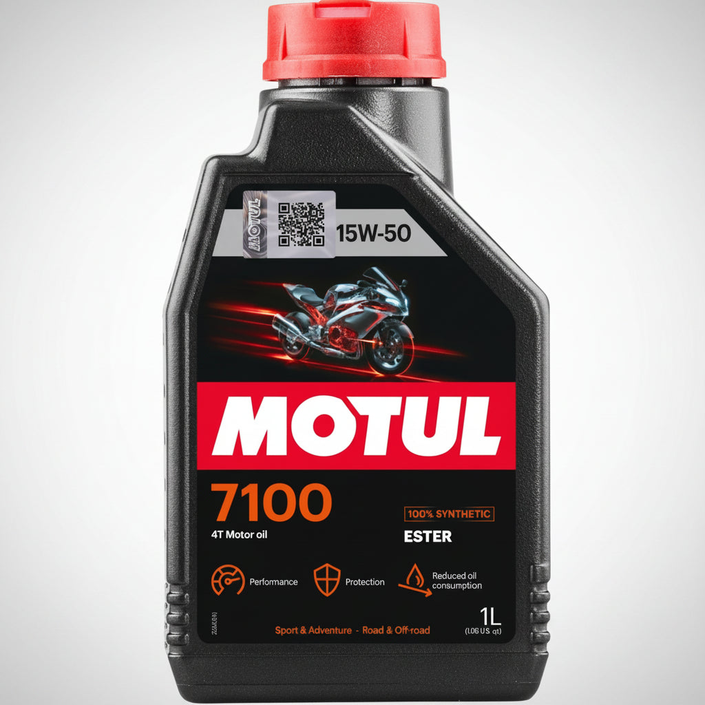 Bottle of Motul 7100 4T 100% synthetic motorcycle engine oil.
