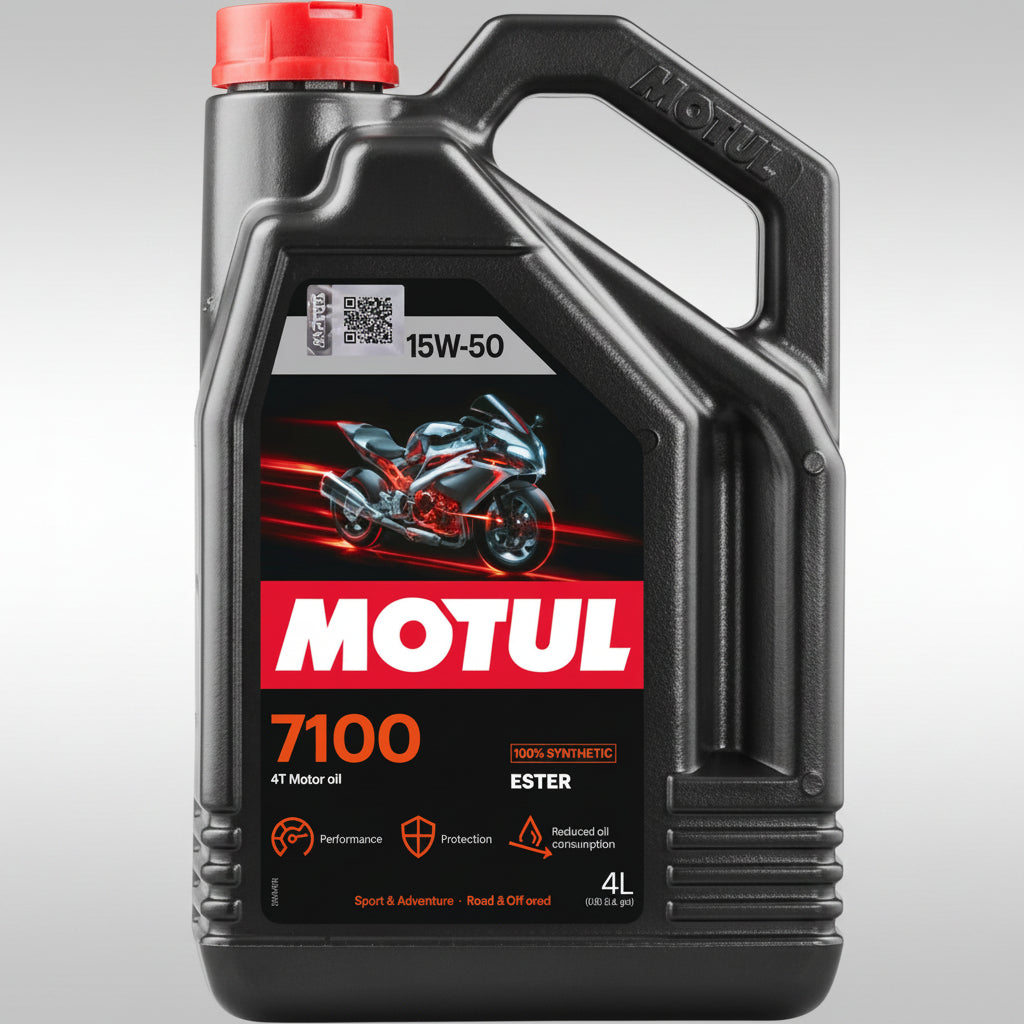 Bottle of Motul 7100 4T 100% synthetic motorcycle engine oil.