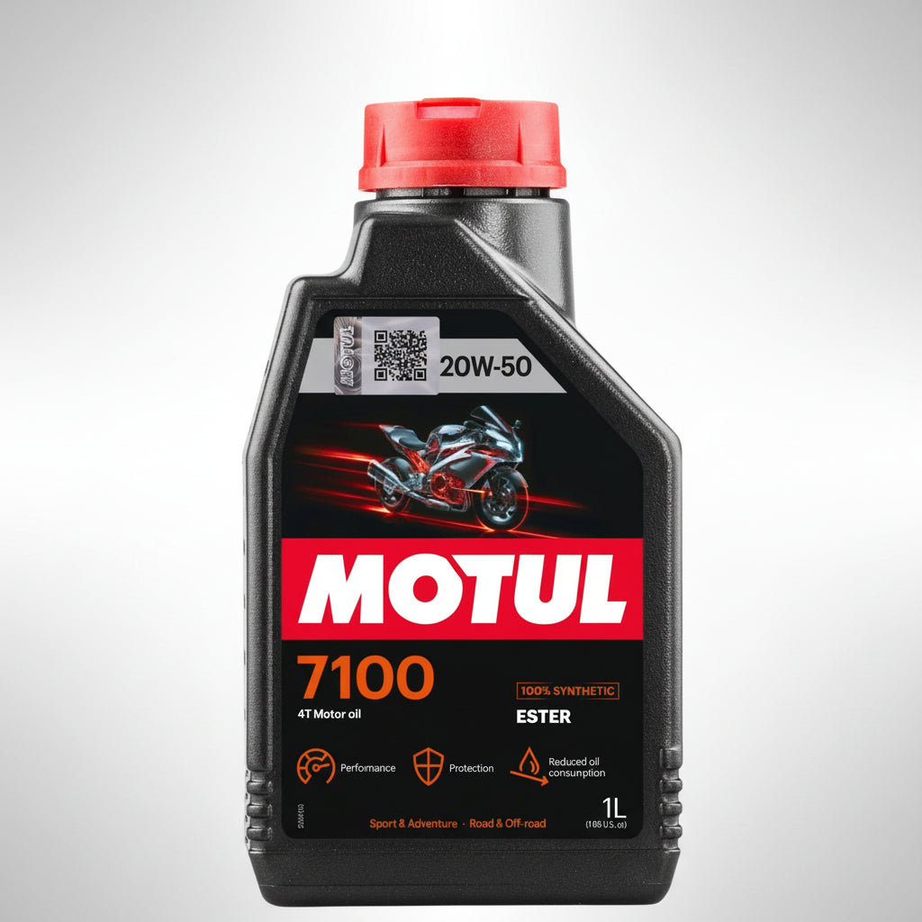 Bottle of Motul 7100 4T 100% synthetic motorcycle engine oil.