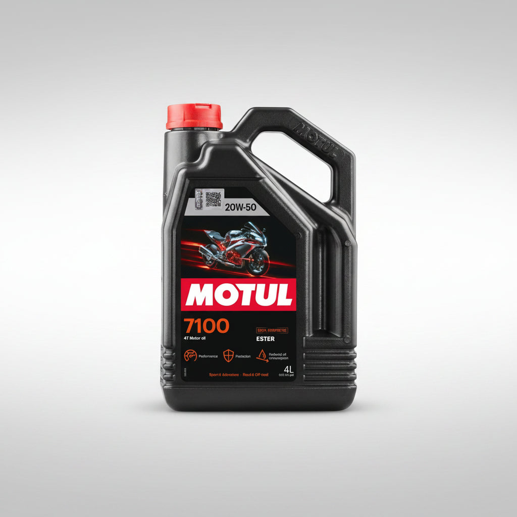 Bottle of Motul 7100 4T 100% synthetic motorcycle engine oil.