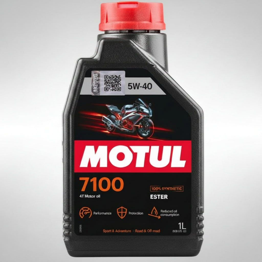 Bottle of Motul 7100 4T 100% synthetic motorcycle engine oil.