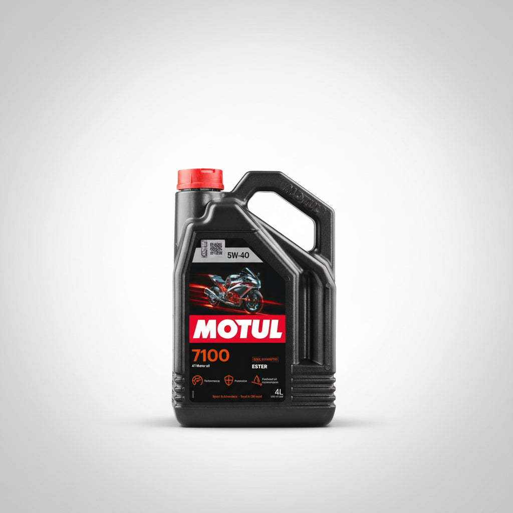 Bottle of Motul 7100 4T 100% synthetic motorcycle engine oil.
