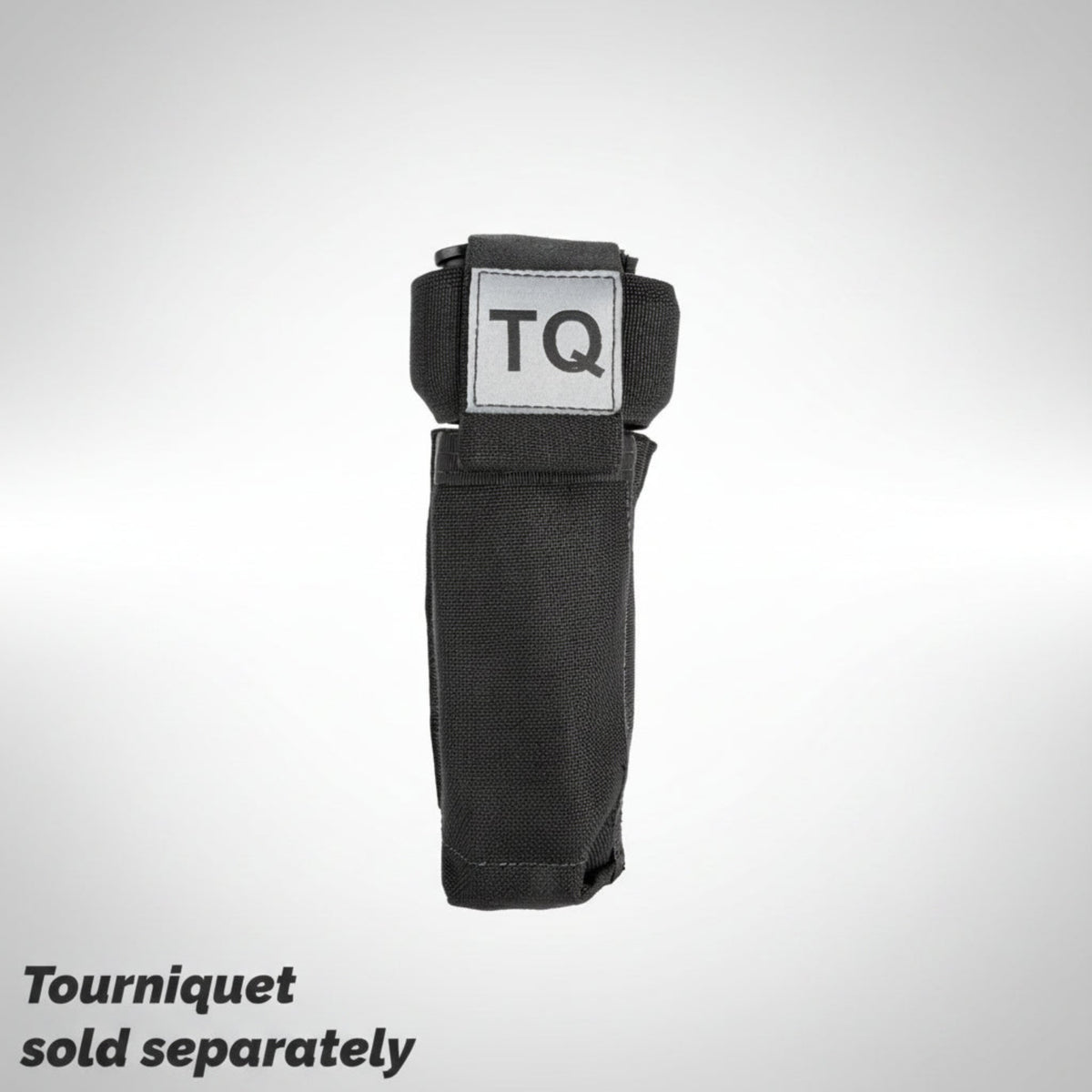 Black tourniquet holder with 'TQ' label on a gray background