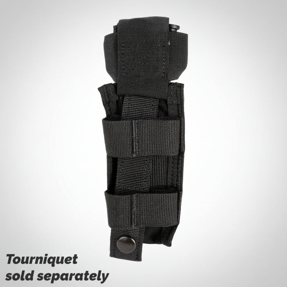 Black tactical tourniquet pouch on a white background with text 'Tourniquet sold separately'.
