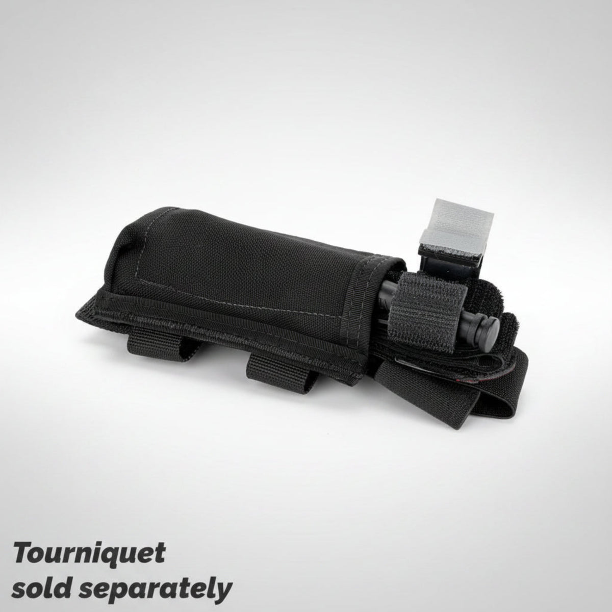 Black tactical tourniquet holder with text 'Tourniquet sold separately' on a light gray background