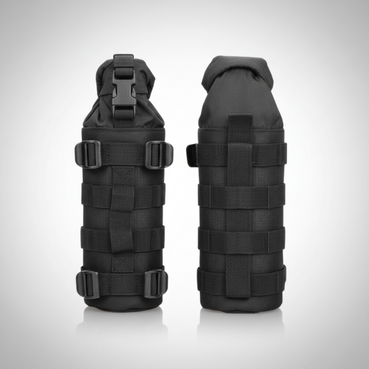 Nelson Rigg Trails End fuel bottle holder mounted on motorcycle luggage.