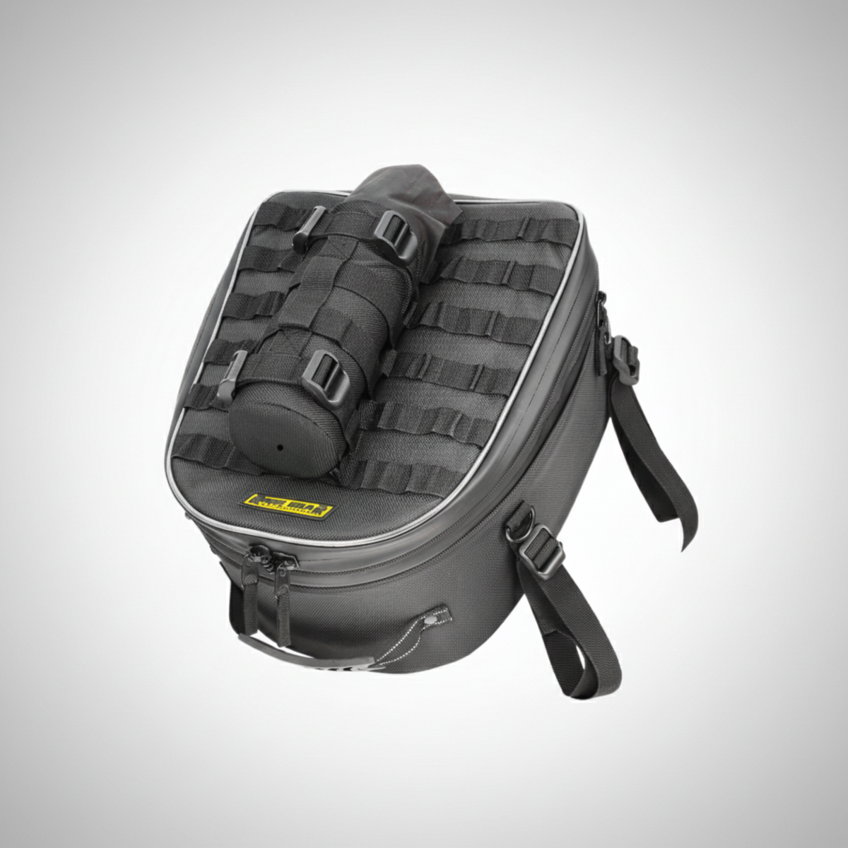 Nelson Rigg Trails End fuel bottle holder mounted on motorcycle luggage.
