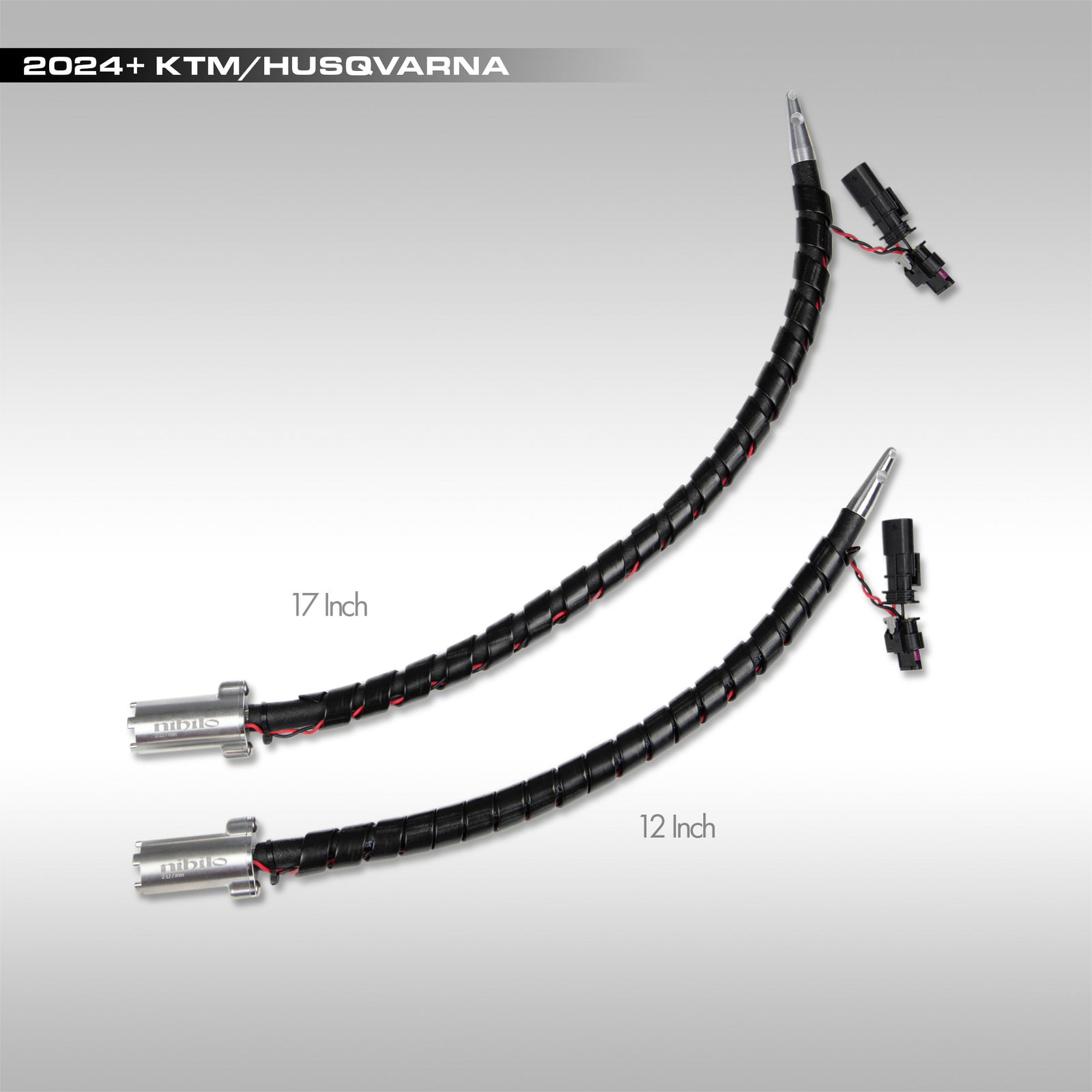 Nihilo Concepts fuel transfer pumps with labeled lengths on a gray background, fitment for 2024+ KTM/Husqvarna branding.