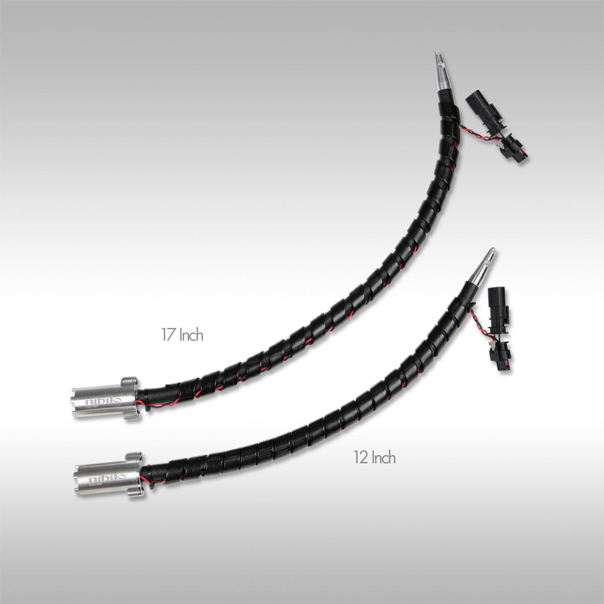 Two black Nihilo Concepts fuel transfer pumps on a gray background, labeled 12 inch and 17 inch.