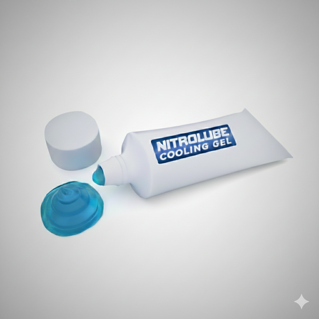 Nitrolube cooling gel tube with open cap on a light gray background