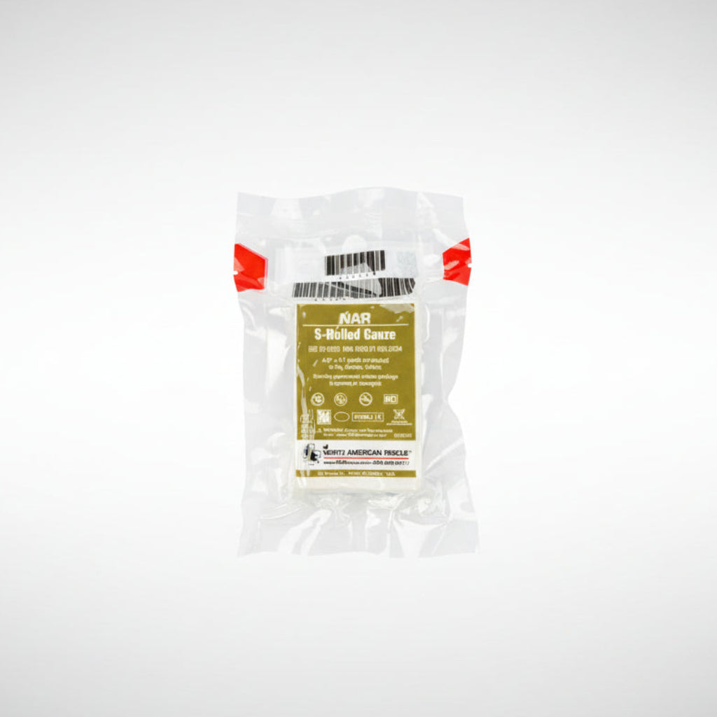 North American Rescue S-Rolled Gauze 30-0003 in compact vacuum-sealed packaging.