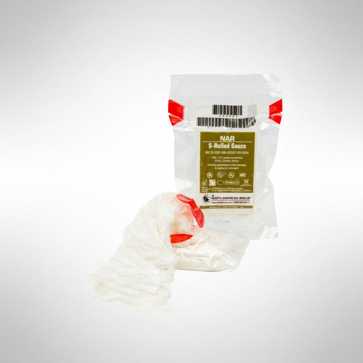 North American Rescue S-Rolled Gauze 30-0003 in compact vacuum-sealed packaging.