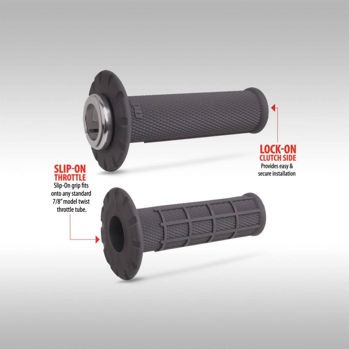 ODI Universal Half-Waffle Half Lock-On grip set showing the billet clamp clutch side and slip-on throttle side.