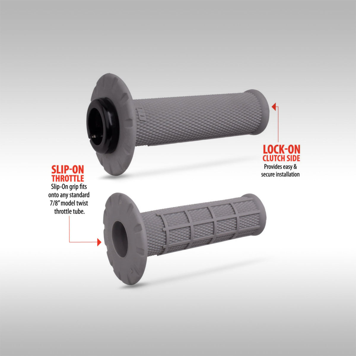 ODI Universal Half-Waffle Half Lock-On grip set showing the billet clamp clutch side and slip-on throttle side.