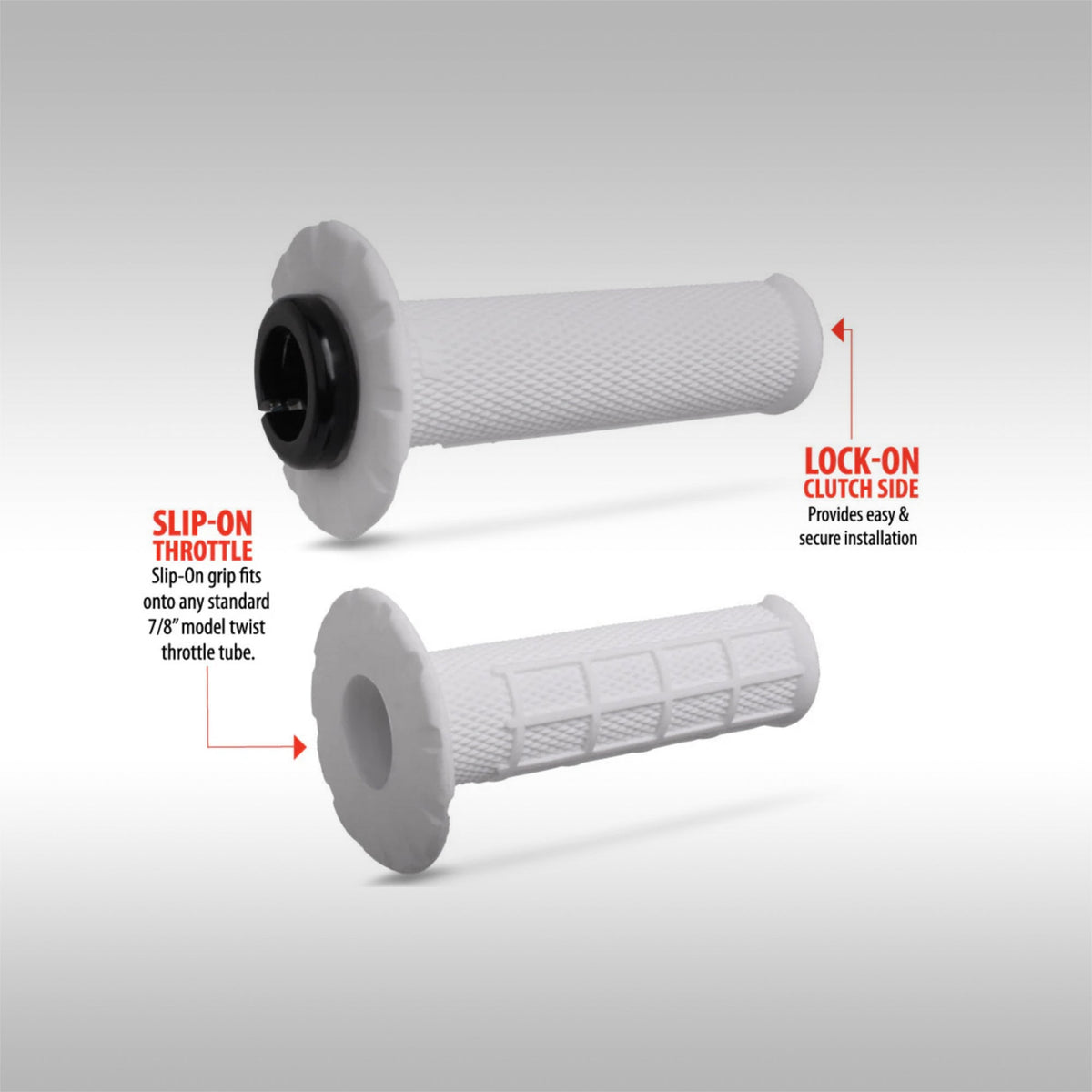 ODI Universal Half-Waffle Half Lock-On grip set showing the billet clamp clutch side and slip-on throttle side.