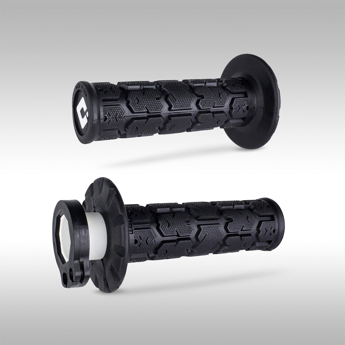 A pair of Black ODI V2 Lock-On Rogue Moto Grips on a gray background