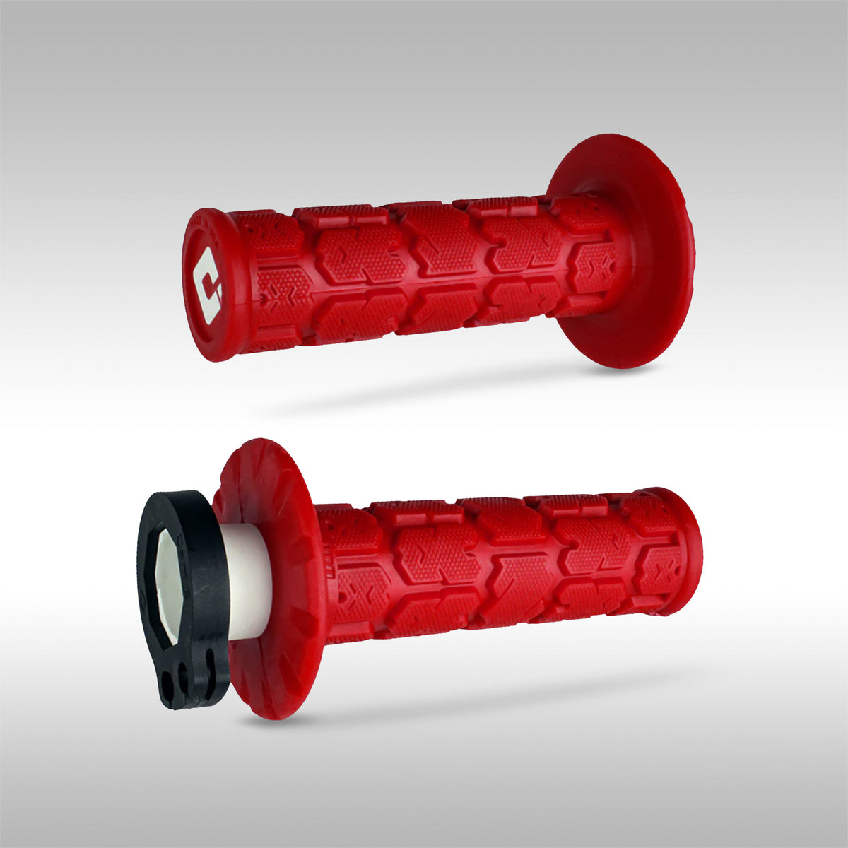 A pair of Red ODI V2 Lock-On Rogue Moto Grips on a gray background