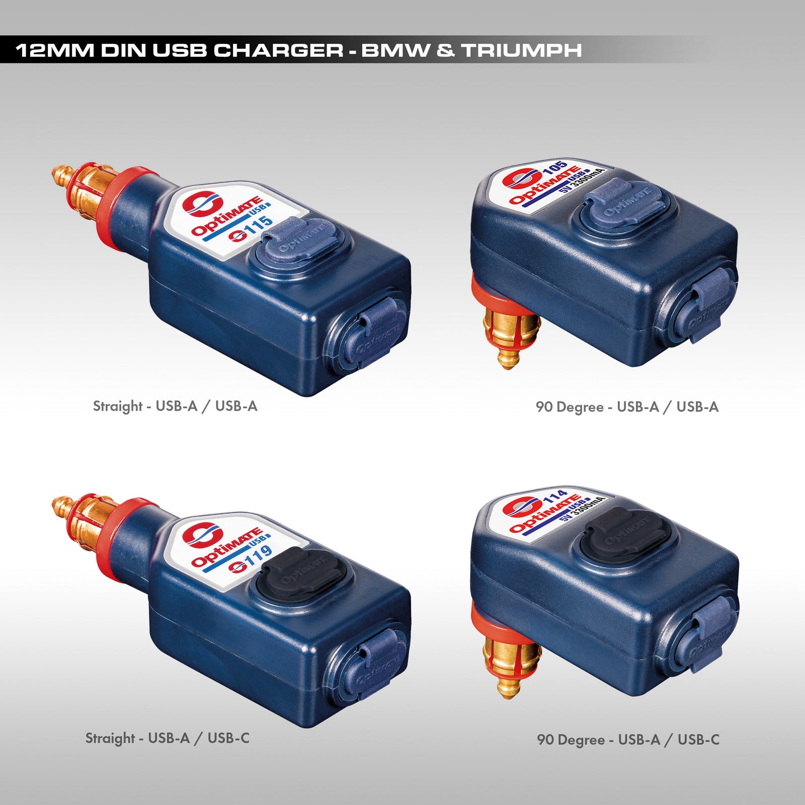 A series of images showing 12mm DIN USB chargers for BMW & Triumph motorcycles in various configurations, with blue and orange coloring.