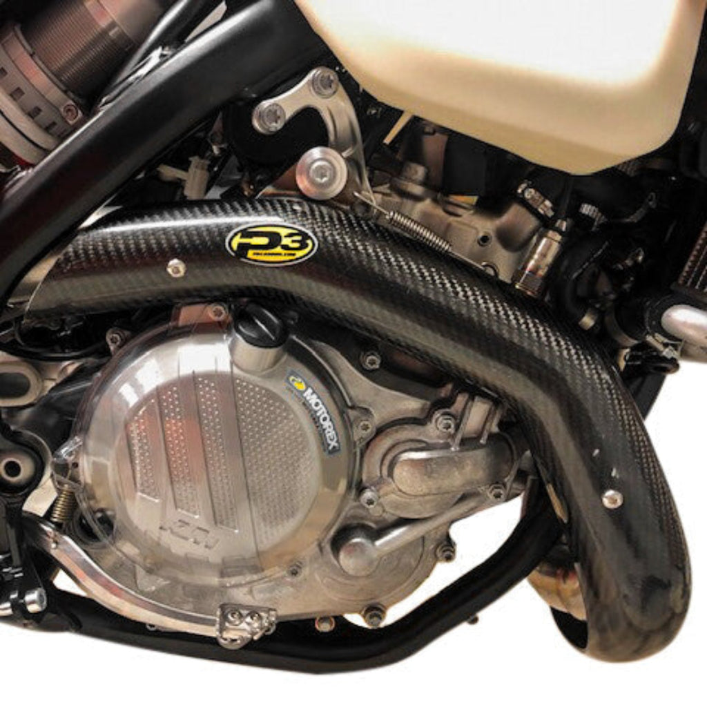 P3 Carbon 201099 carbon fiber exhaust heat shield mounted on a KTM 350 dirt bike.
