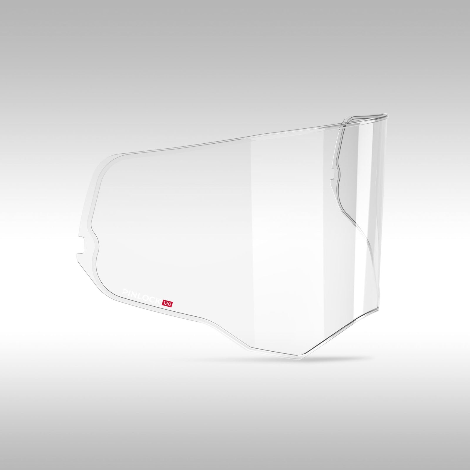 Clear plastic anti-fog helmet shield on a light gray background