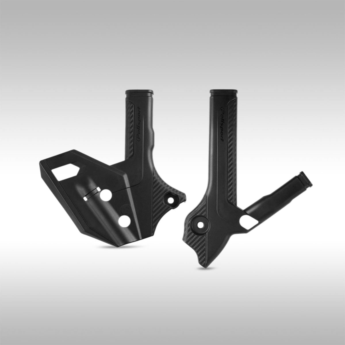 A set of black Polisport frame guards for the Suzuki DRZ400, displayed against a gray background.