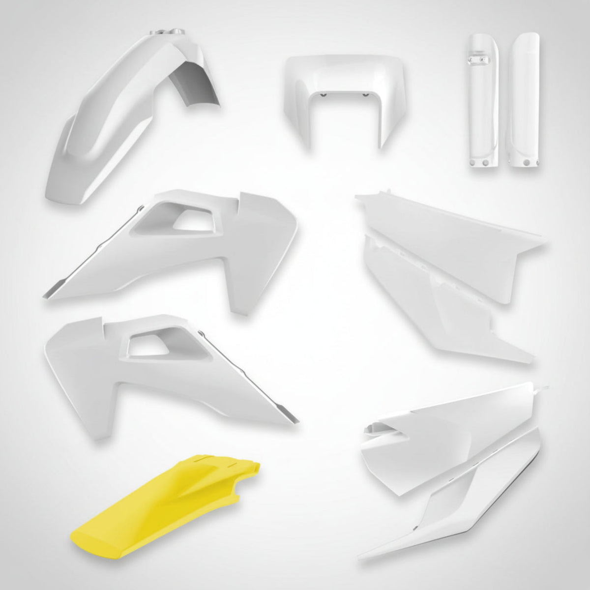 Set of white Polisport motorcycle plastic parts on a white background