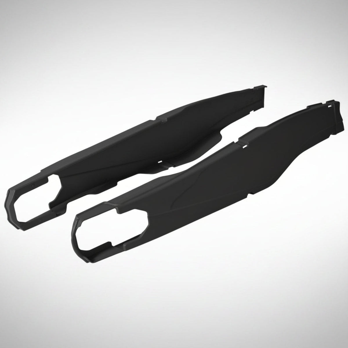 Black Polisport plastic swingarm protectors for KTM, Husqvarna, and GasGas dirt bikes.