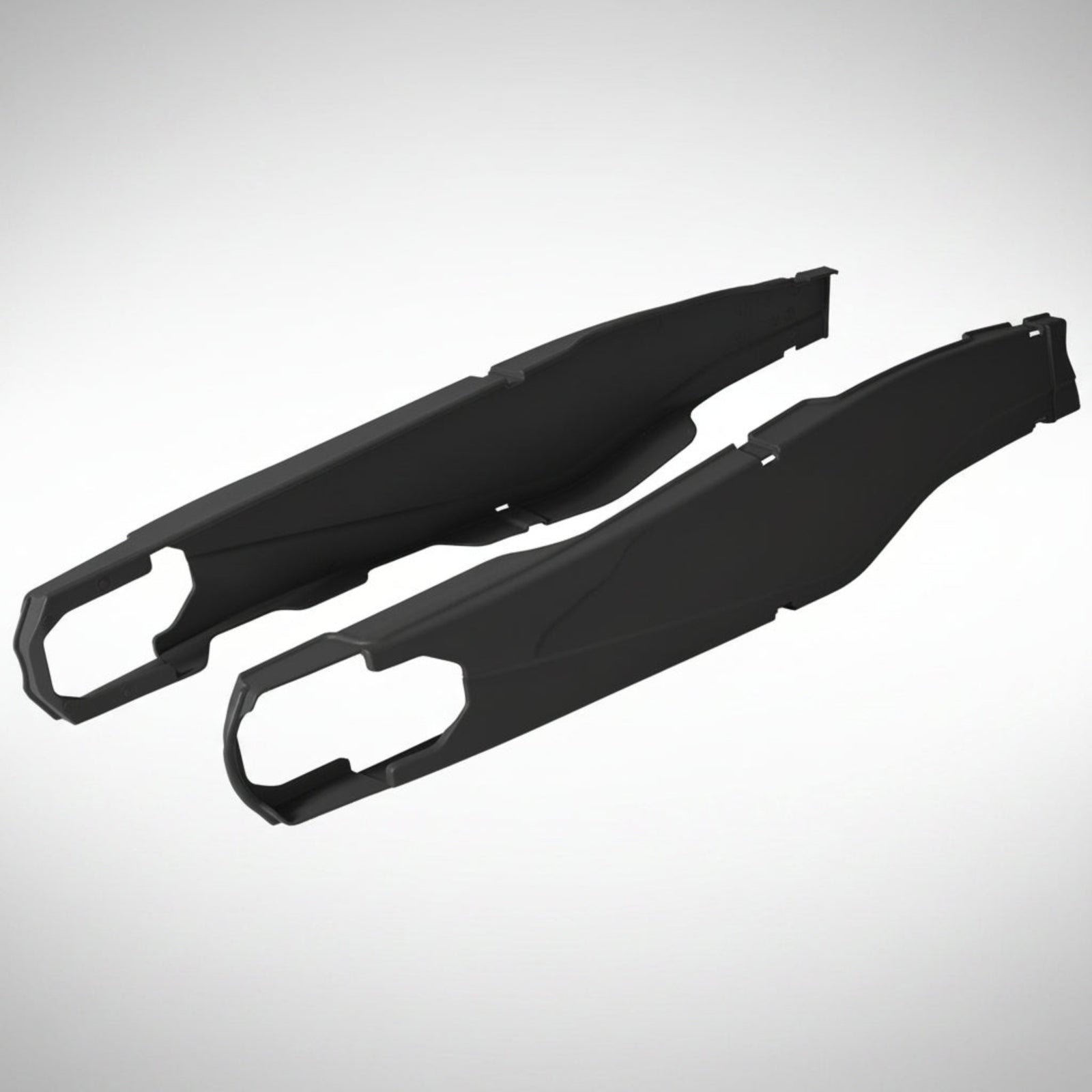 Black Polisport plastic swingarm protectors for KTM, Husqvarna, and GasGas dirt bikes.
