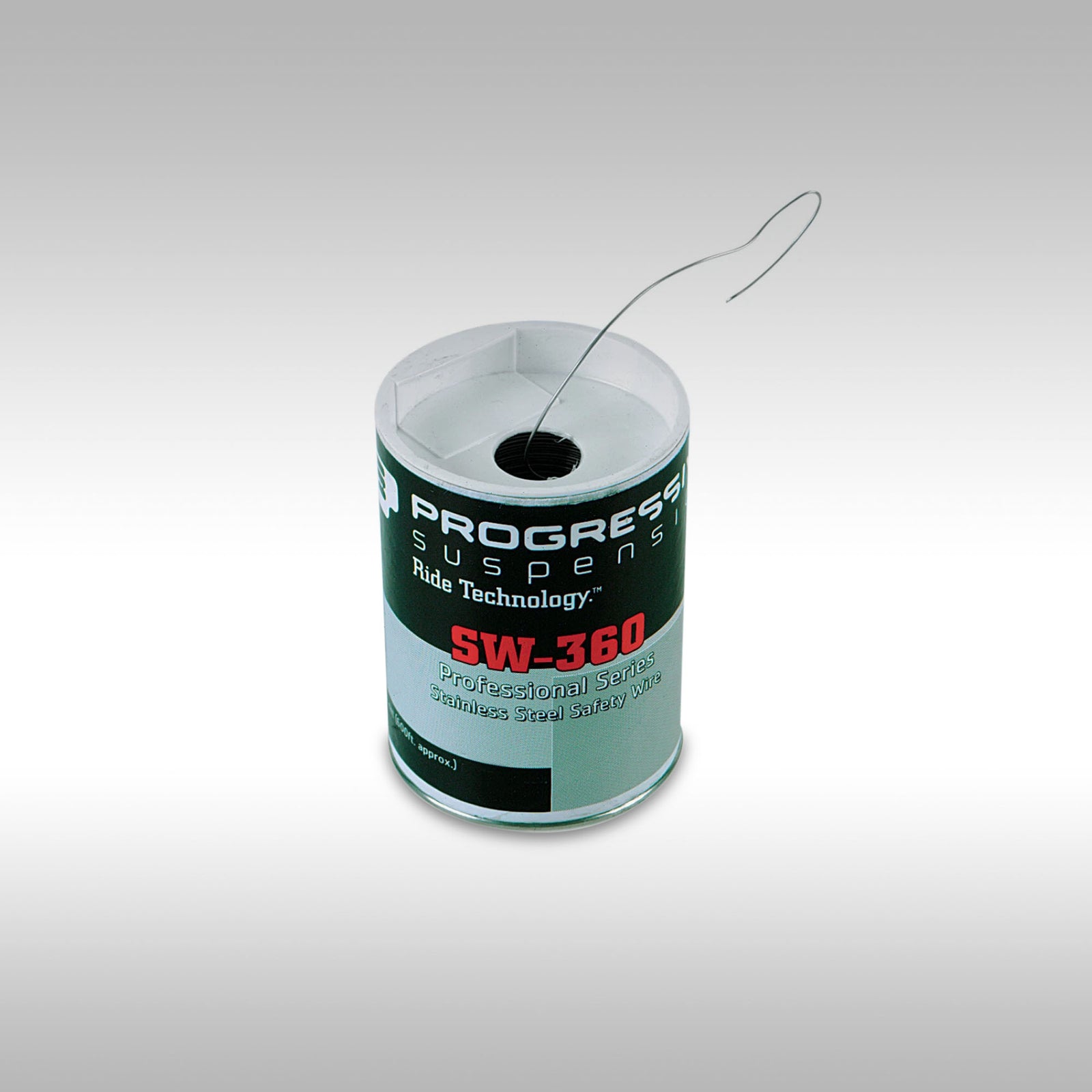 Progressive stainless steel safety wire in a one pound can on a gray background