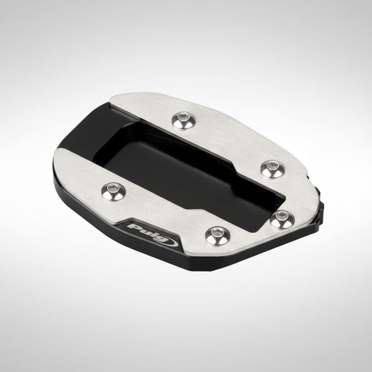 Puig 20276N black machined aluminum kickstand extender mounted on a Ducati side stand.