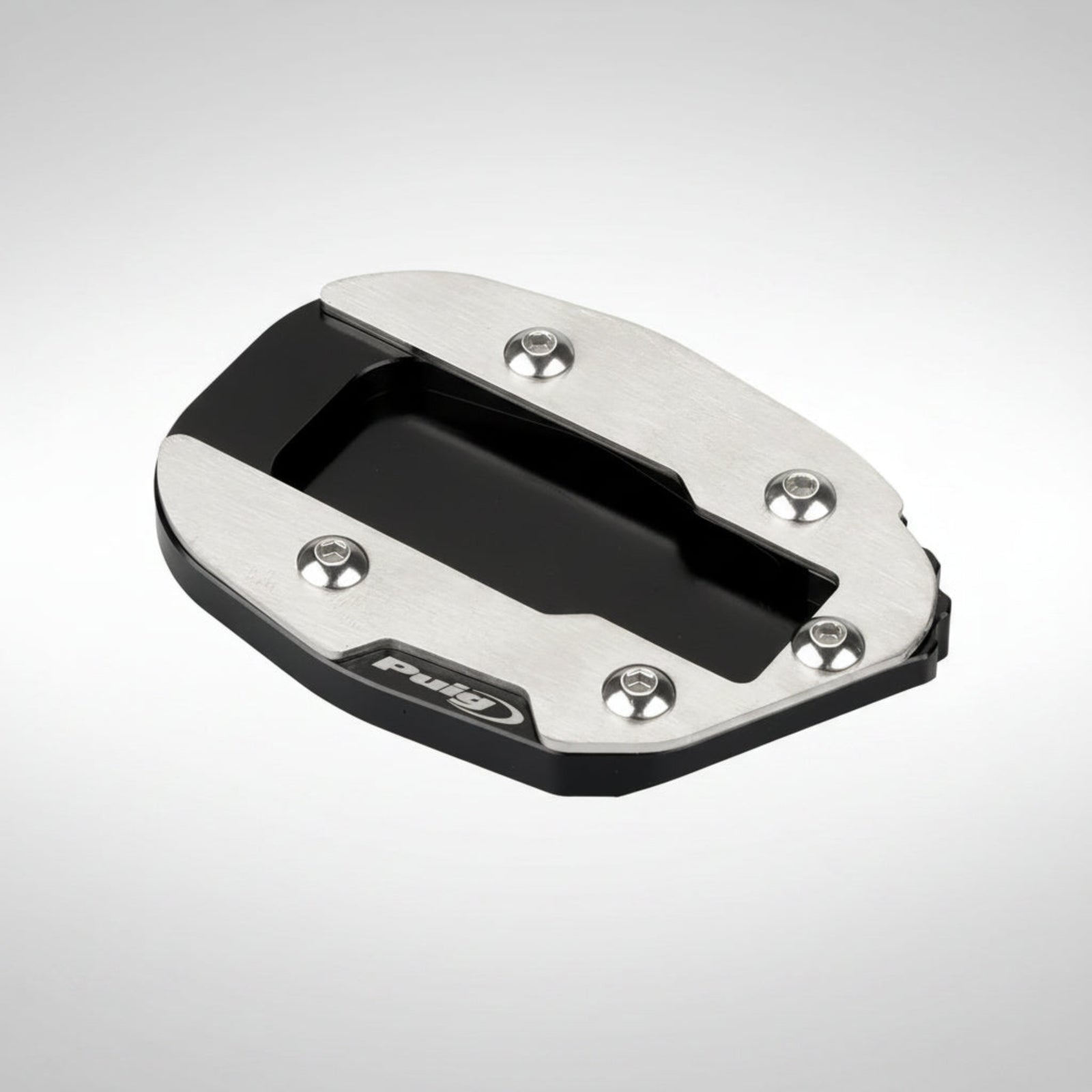 Puig 20276N black machined aluminum kickstand extender mounted on a Ducati side stand.