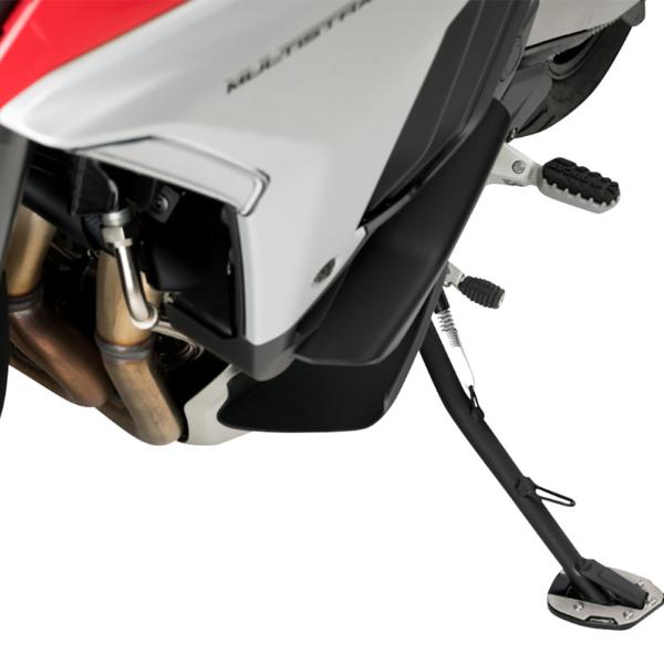 Puig 20276N black machined aluminum kickstand extender mounted on a Ducati side stand.