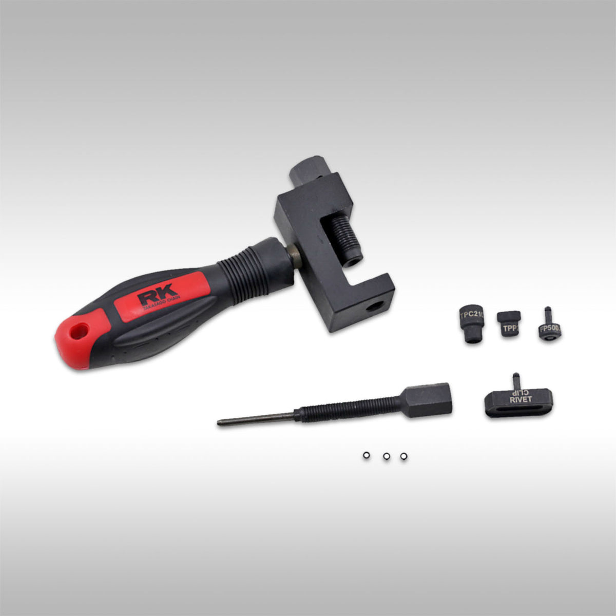 Chain tool set with a red and black handle labeled 'RK' on a gray background